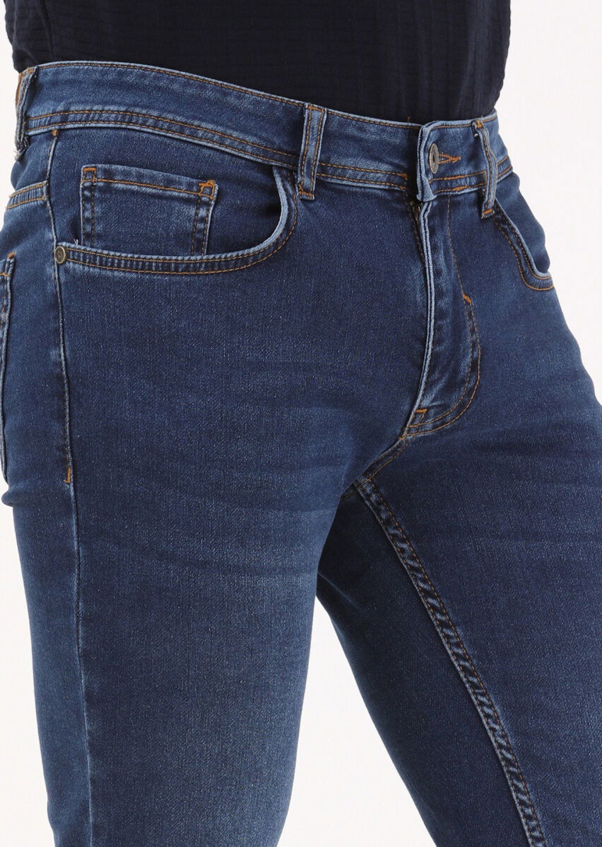 İndigo Düz Slim Fit Denim Pamuk Karışımlı Pantolon - 2