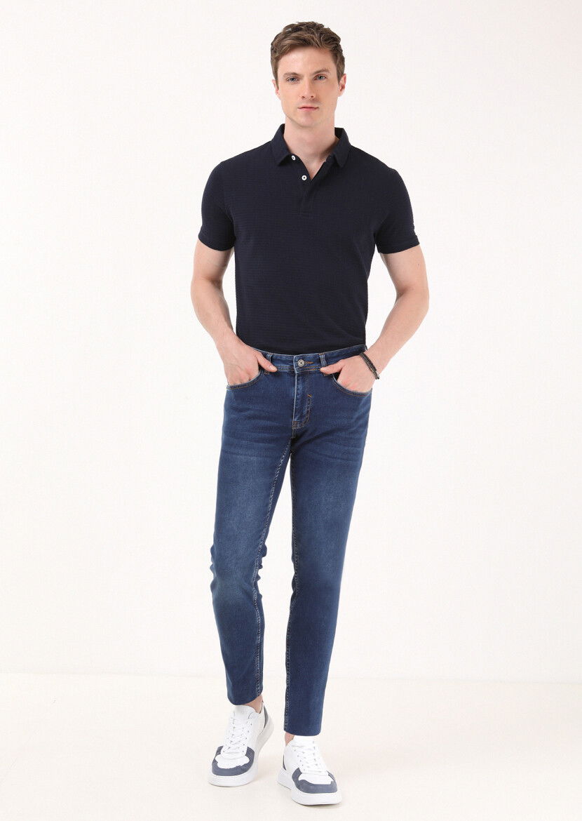İndigo Düz Slim Fit Denim Pamuk Karışımlı Pantolon - 3