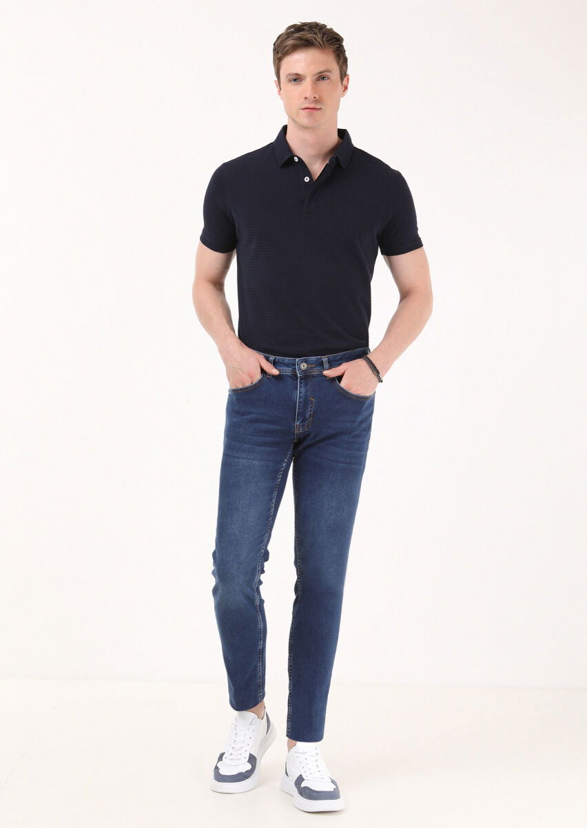 İndigo Düz Slim Fit Denim Pamuk Karışımlı Pantolon - 3
