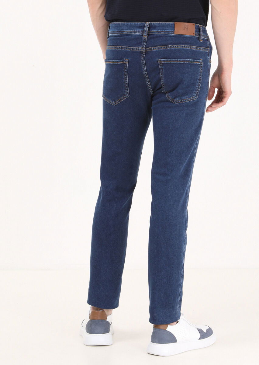 İndigo Düz Slim Fit Denim Pamuk Karışımlı Pantolon - 4