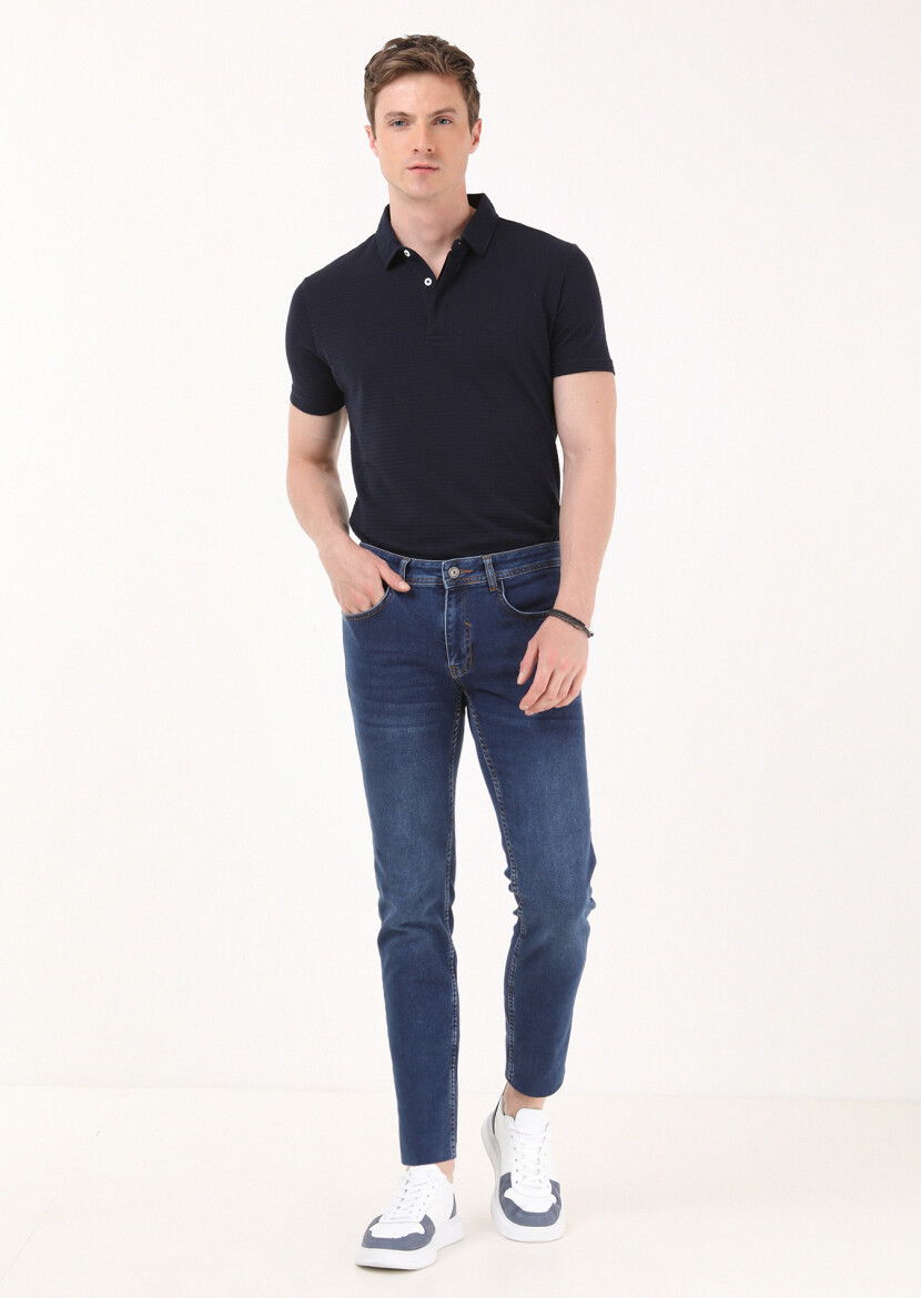 İndigo Düz Slim Fit Denim Pamuk Karışımlı Pantolon - 5
