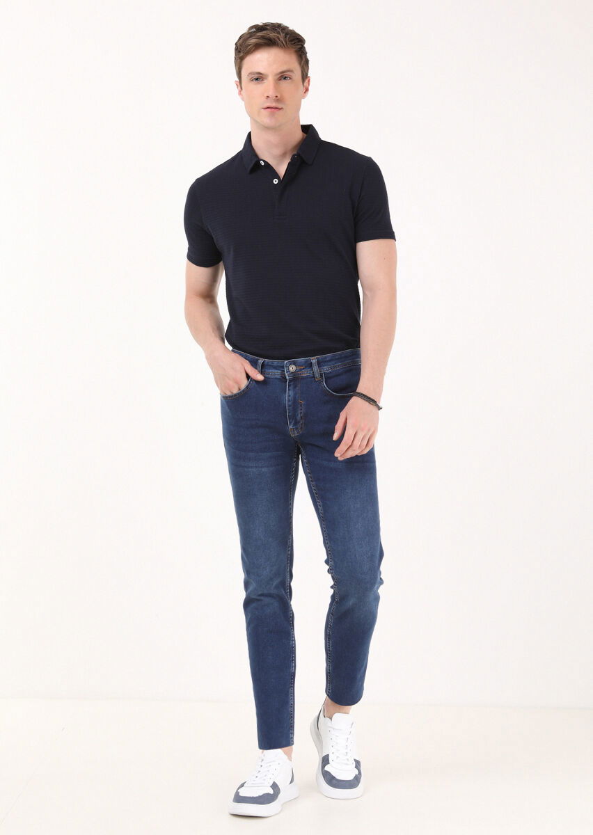 İndigo Düz Slim Fit Denim Pamuk Karışımlı Pantolon - 5