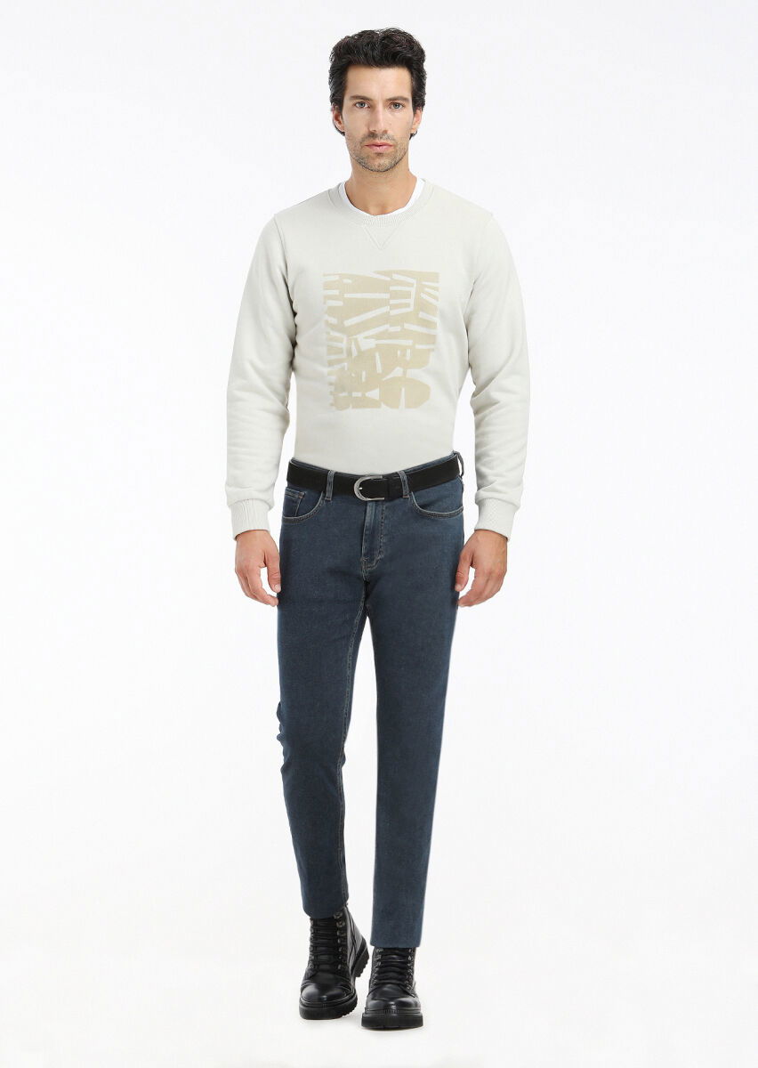 İndigo Düz Slim Fit Denim Pamuk Karışımlı Pantolon - 2