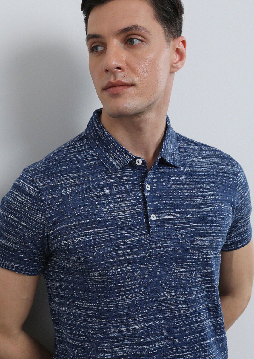 İndigo Jakarlı Polo Yaka %100 Pamuk T-Shirt - 1