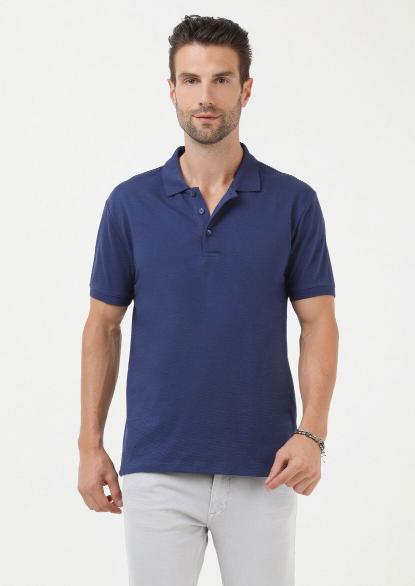 İndigo Jakarlı Polo Yaka %100 Pamuk T-Shirt - 1