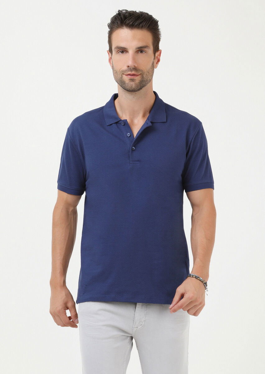 İndigo Jakarlı Polo Yaka %100 Pamuk T-Shirt - 1
