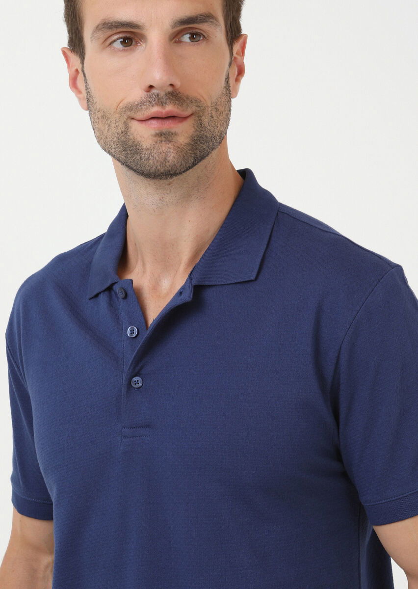 İndigo Jakarlı Polo Yaka %100 Pamuk T-Shirt - 2