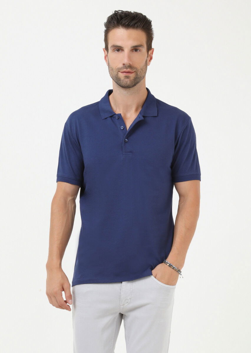İndigo Jakarlı Polo Yaka %100 Pamuk T-Shirt - 3