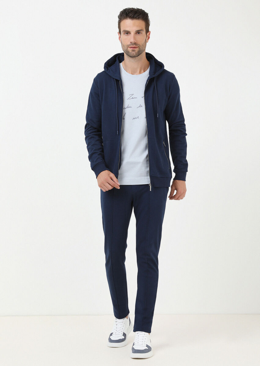 İndigo Kapüşonlu Jakarlı Sweatshırt - 3