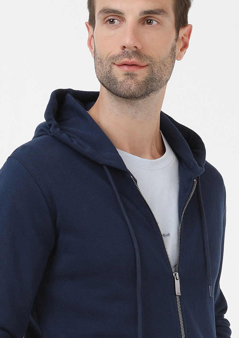 İndigo Kapüşonlu Jakarlı Sweatshırt - 4