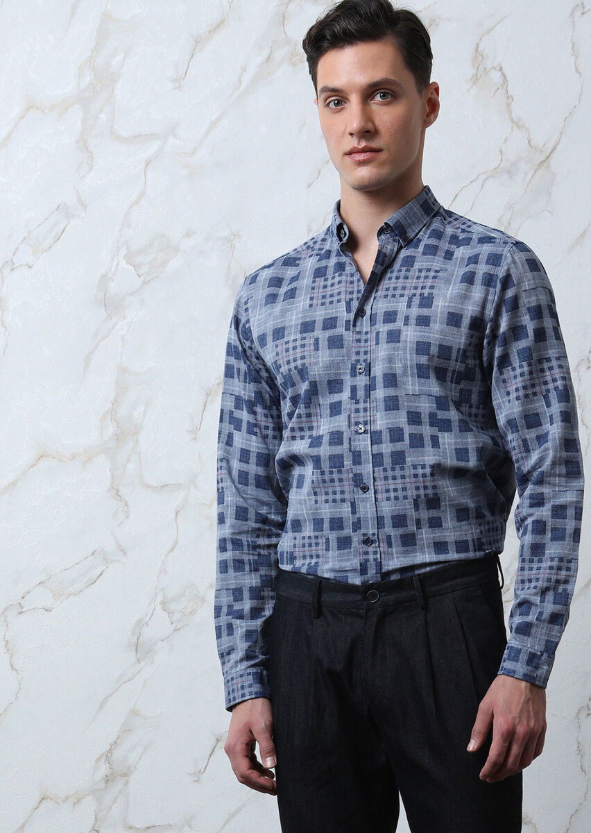 İndigo Kareli Regular Fit Dokuma Casual %100 Pamuk Gömlek - 1