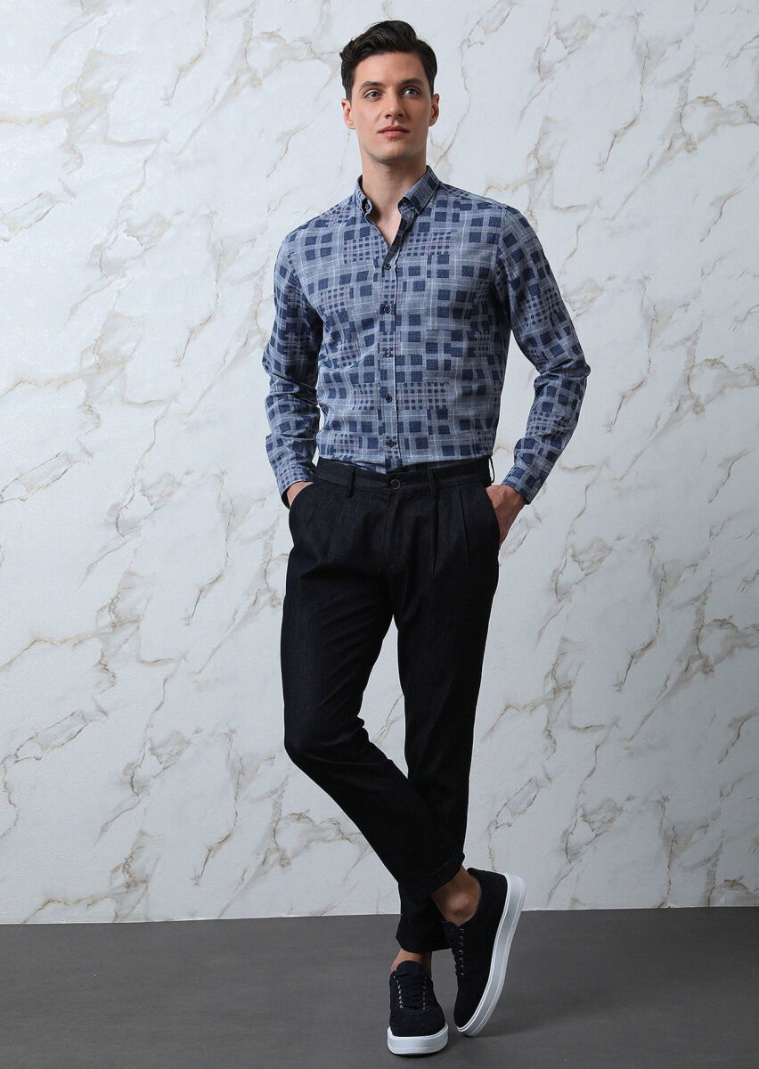 İndigo Kareli Regular Fit Dokuma Casual %100 Pamuk Gömlek - 2