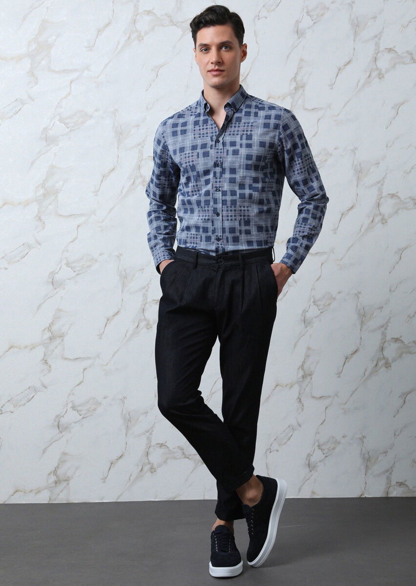 İndigo Kareli Regular Fit Dokuma Casual %100 Pamuk Gömlek - 4