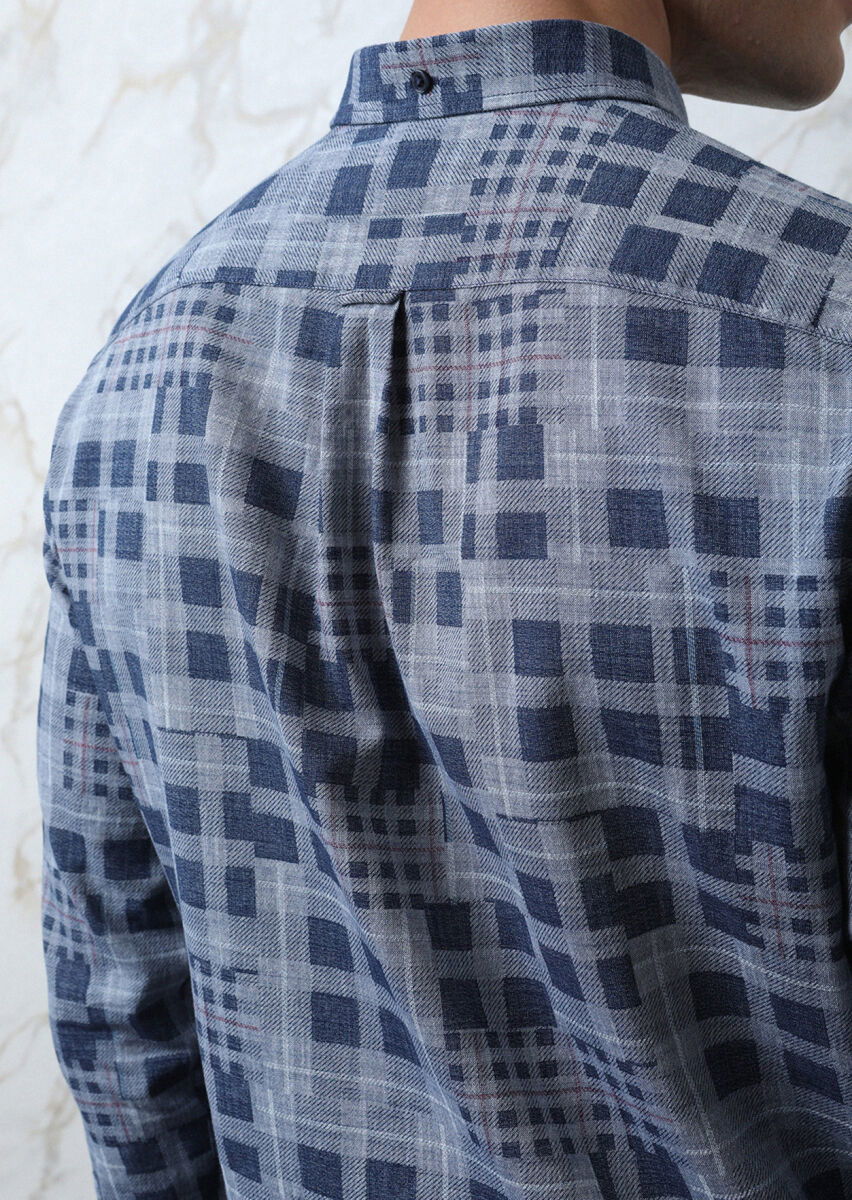 İndigo Kareli Regular Fit Dokuma Casual %100 Pamuk Gömlek - 5