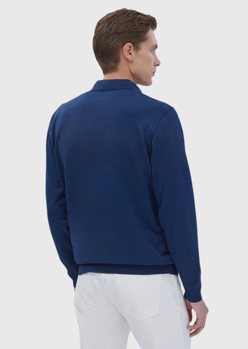 İndigo Polo Yaka Düz Sweatshırt - 5