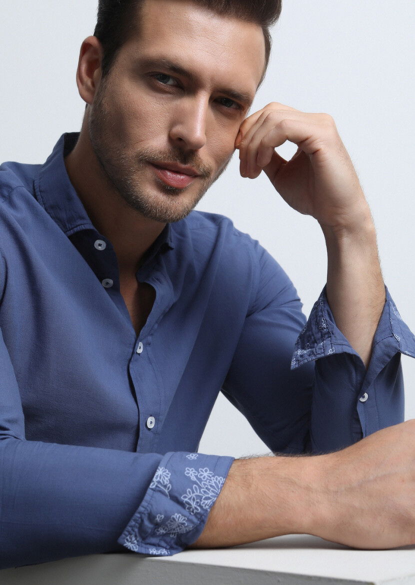 İndigo Regular Fit Dokuma Denim %100 Pamuk Gömlek 