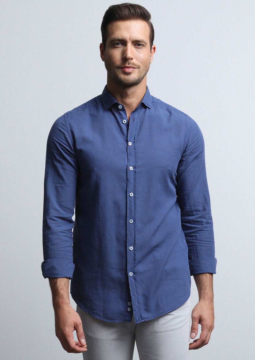 İndigo Regular Fit Dokuma Denim %100 Pamuk Gömlek - 4