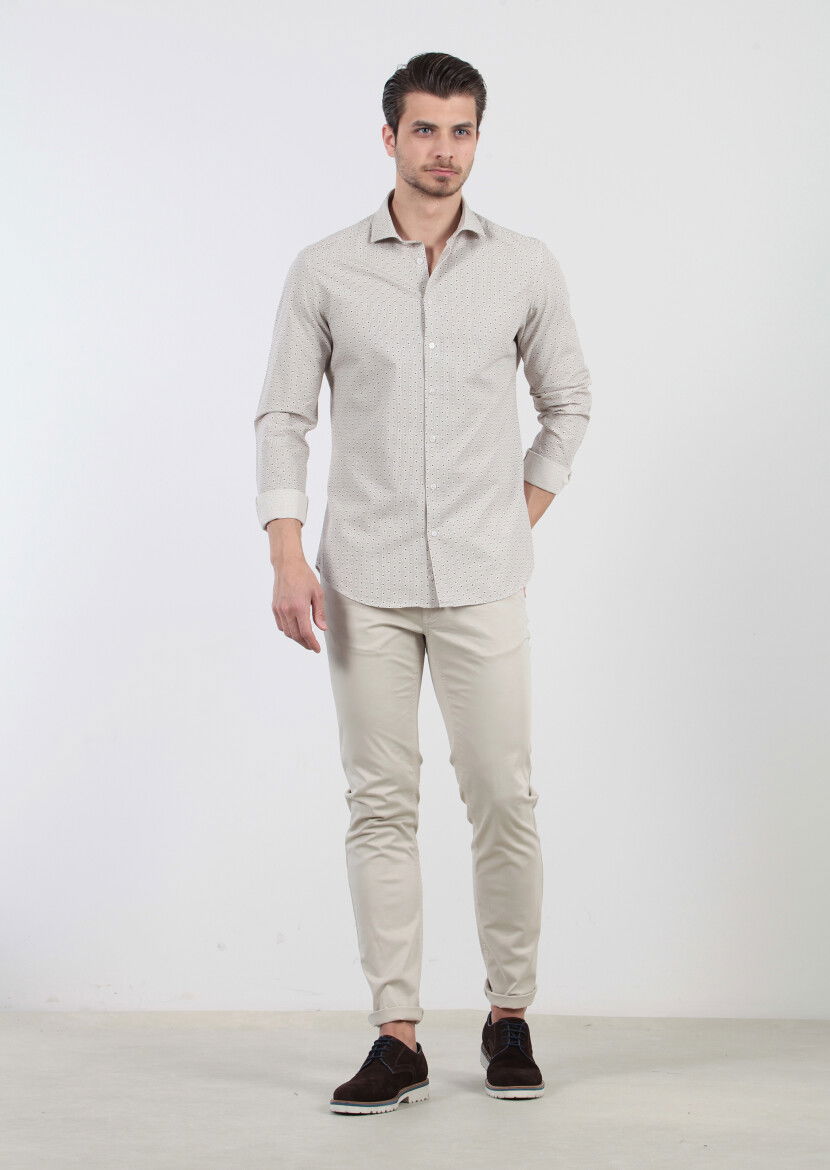 Kahverengi Baskılı Fitted Fit Dokuma Casual %100 Pamuk Gömlek - 2