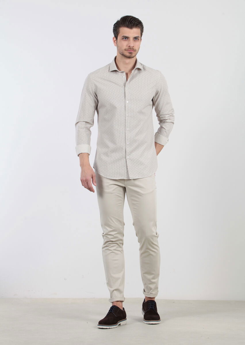 Kahverengi Baskılı Fitted Fit Dokuma Casual %100 Pamuk Gömlek - 2