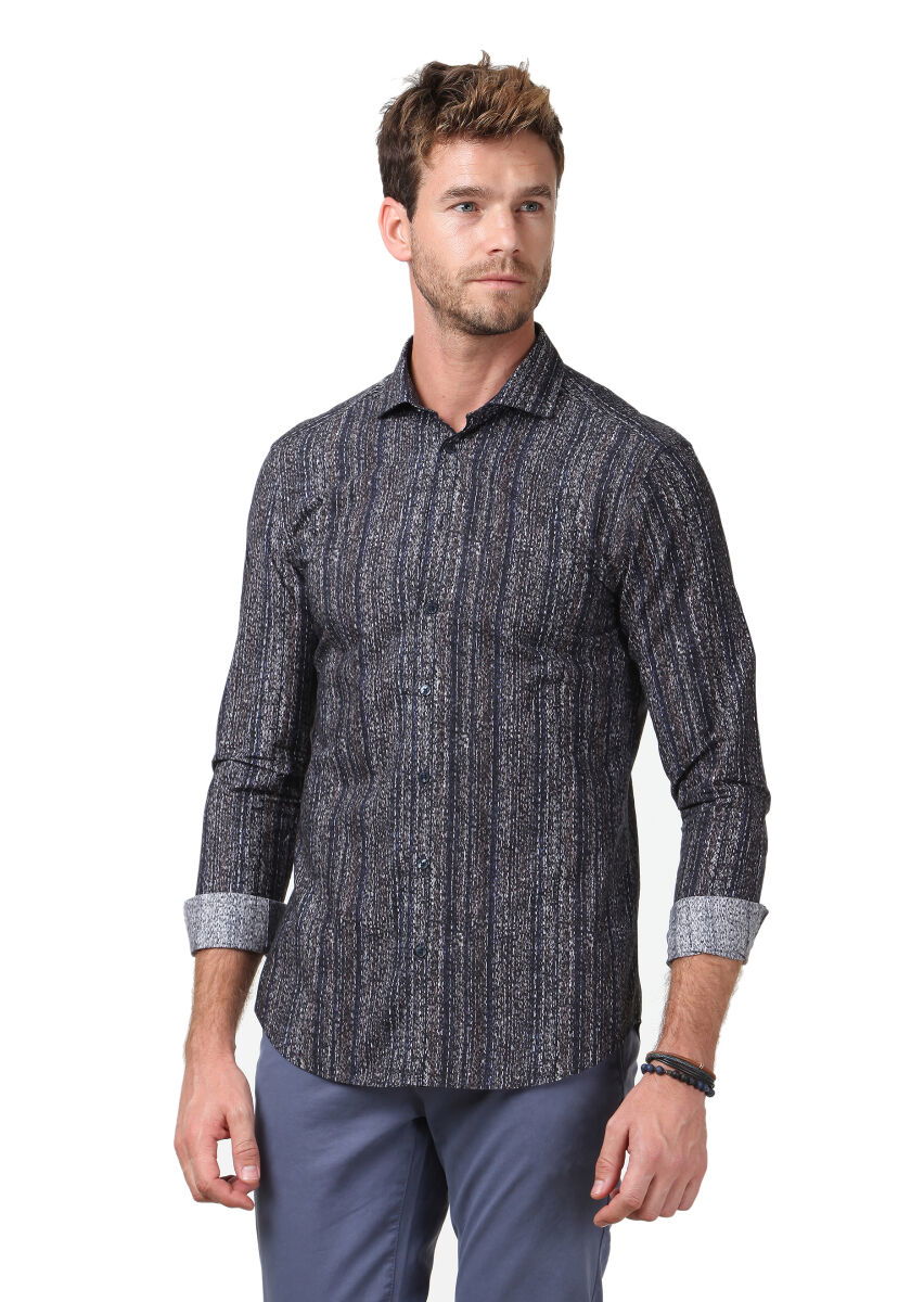 Kahverengi Baskılı Fitted Fit Dokuma Casual %100 Pamuk Gömlek - 3