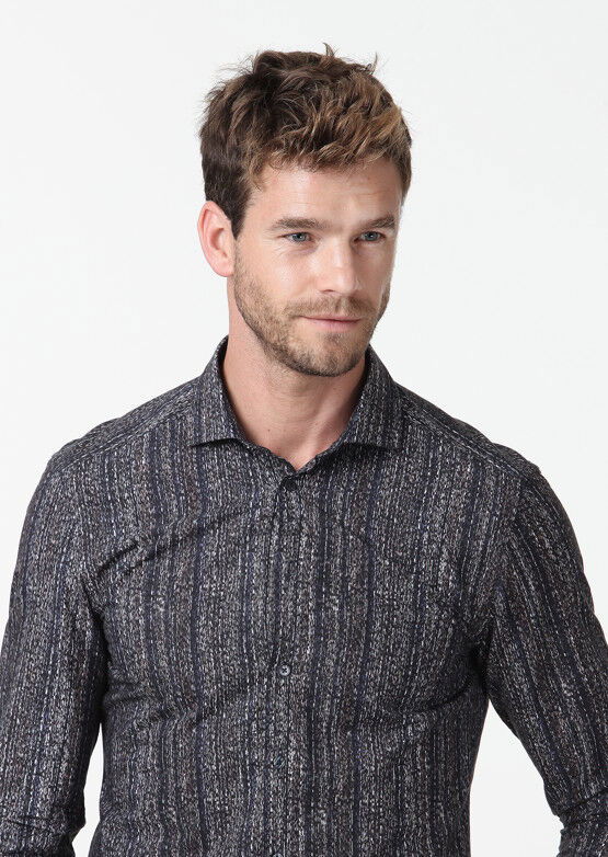 Kahverengi Baskılı Fitted Fit Dokuma Casual %100 Pamuk Gömlek - 4
