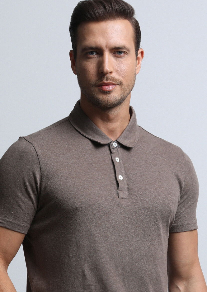 Kahverengi Baskılı Polo Yaka Pamuk Karışımlı T-Shirt - 3
