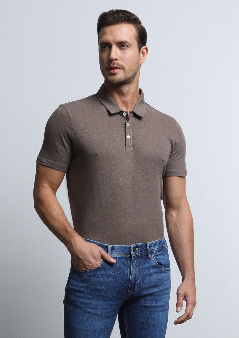 Kahverengi Baskılı Polo Yaka Pamuk Karışımlı T-Shirt - 4