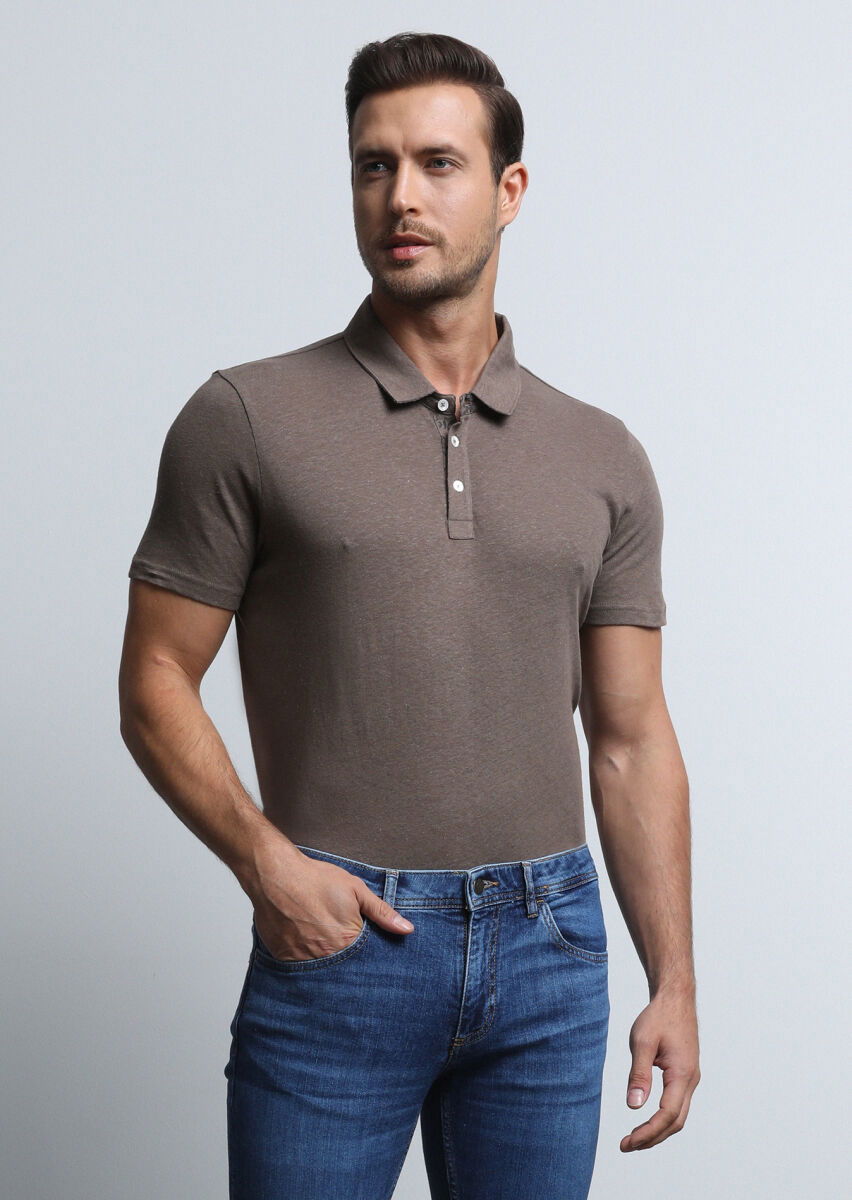 Kahverengi Baskılı Polo Yaka Pamuk Karışımlı T-Shirt - 4