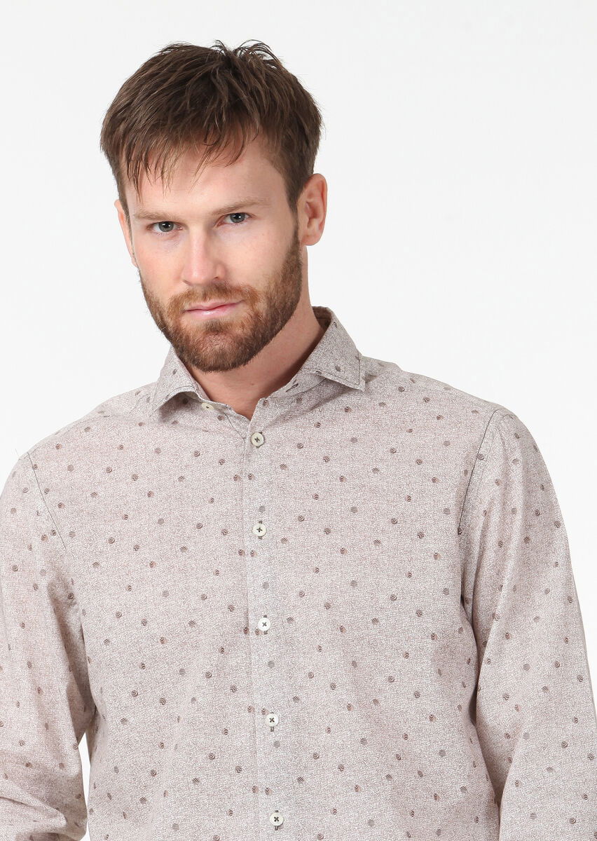 Kahverengi Baskılı Regular Fit Dokuma Casual %100 Pamuk Gömlek - 3