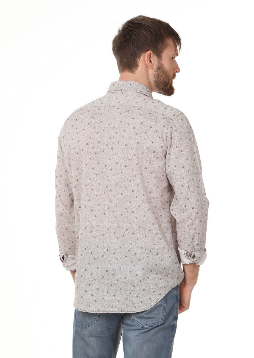 Kahverengi Baskılı Regular Fit Dokuma Casual %100 Pamuk Gömlek - 4