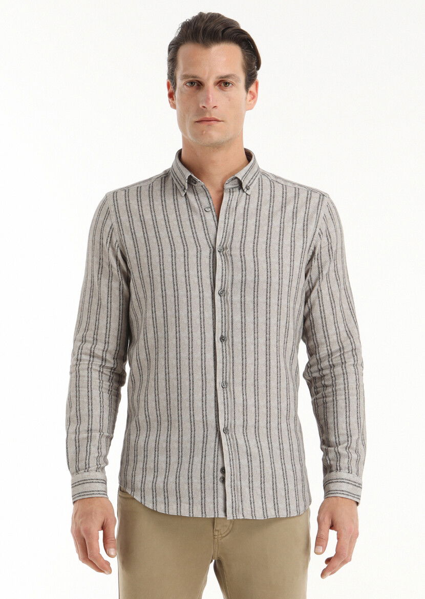 Kahverengi Baskılı Regular Fit Dokuma Casual %100 Pamuk Gömlek 