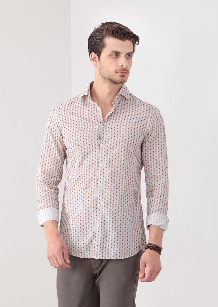 Kahverengi Baskılı Slim Fit Dokuma Casual %100 Pamuk Gömlek 
