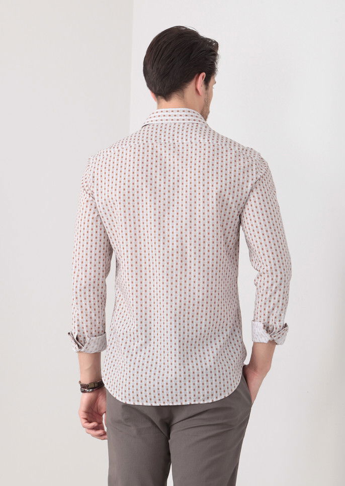 Kahverengi Baskılı Slim Fit Dokuma Casual %100 Pamuk Gömlek - 5