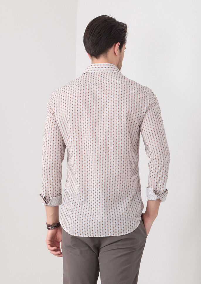 Kahverengi Baskılı Slim Fit Dokuma Casual %100 Pamuk Gömlek - 5