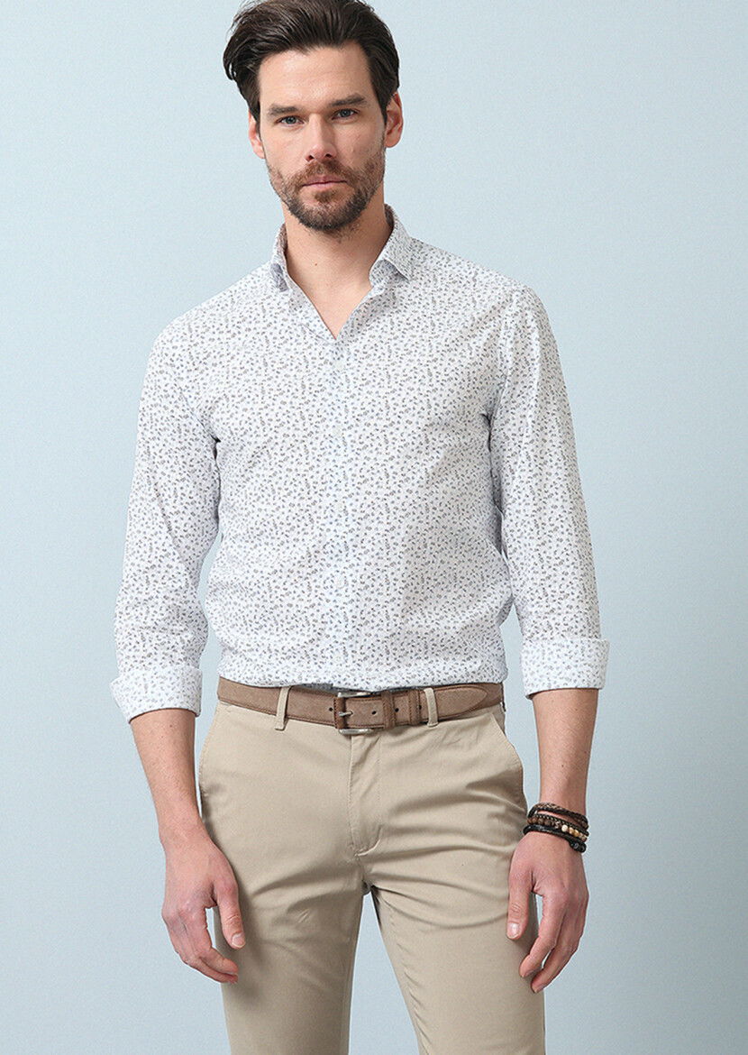Kahverengi Baskılı Slim Fit Dokuma Casual %100 Pamuk Gömlek - 1