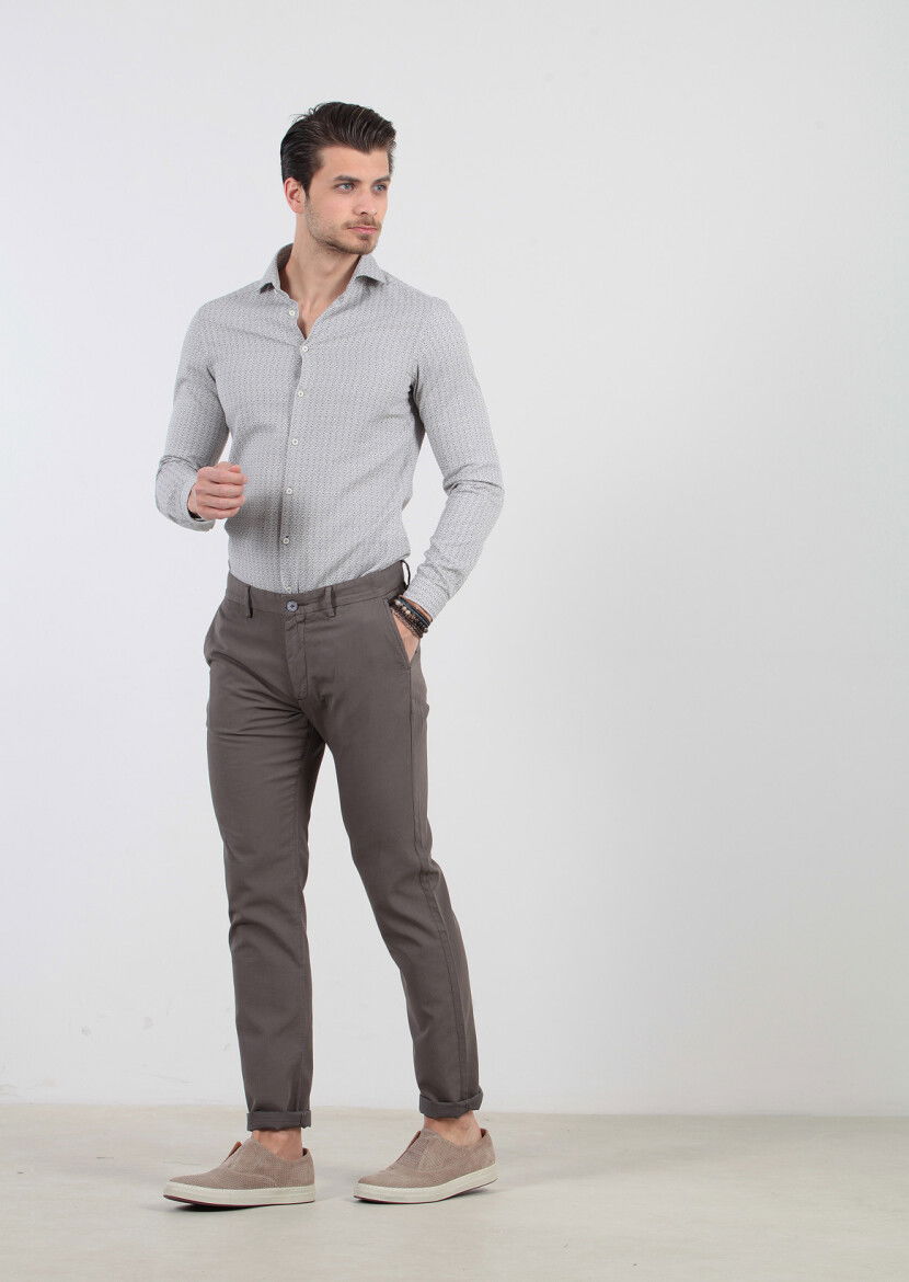 Kahverengi Çizgili Dokuma Regular Fit Casual %100 Pamuk Pantolon 