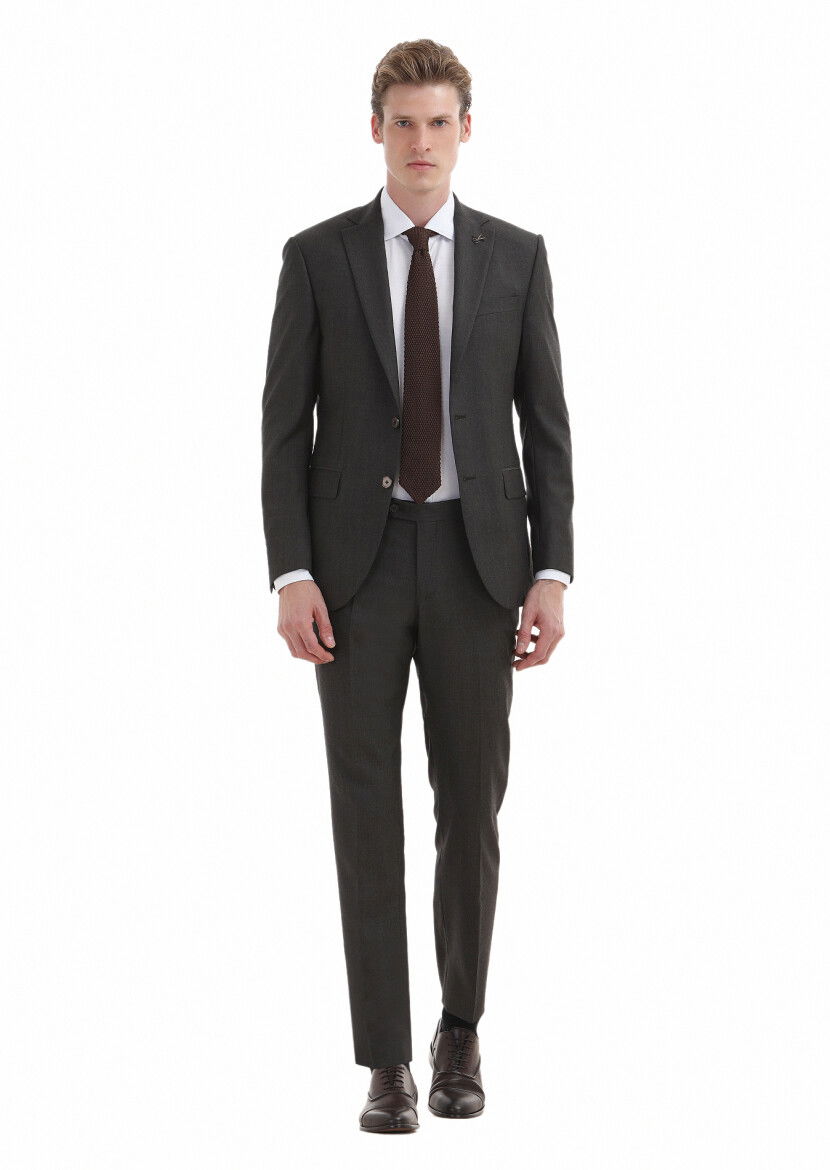Kahverengi Çizgili Modern Fit %100 Yün Takım Elbise - 1
