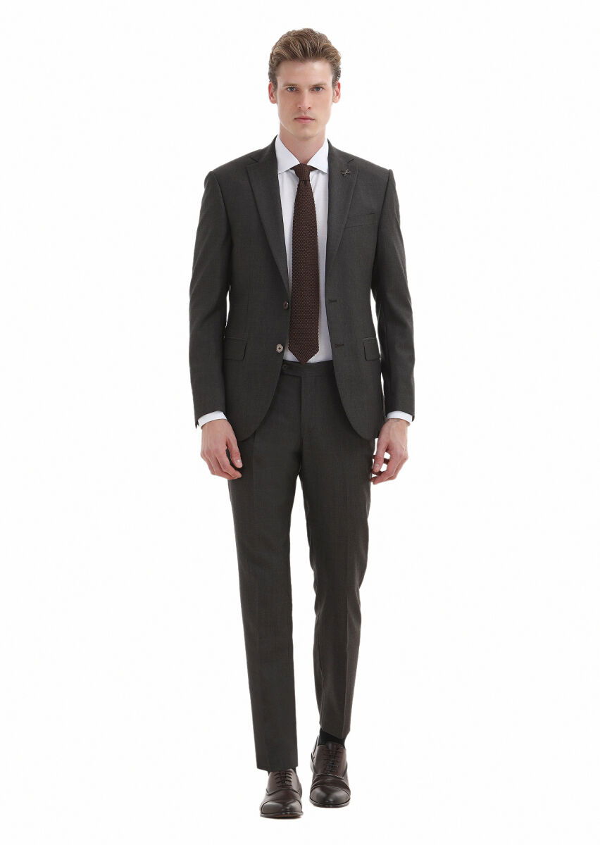 Kahverengi Çizgili Modern Fit %100 Yün Takım Elbise - 1