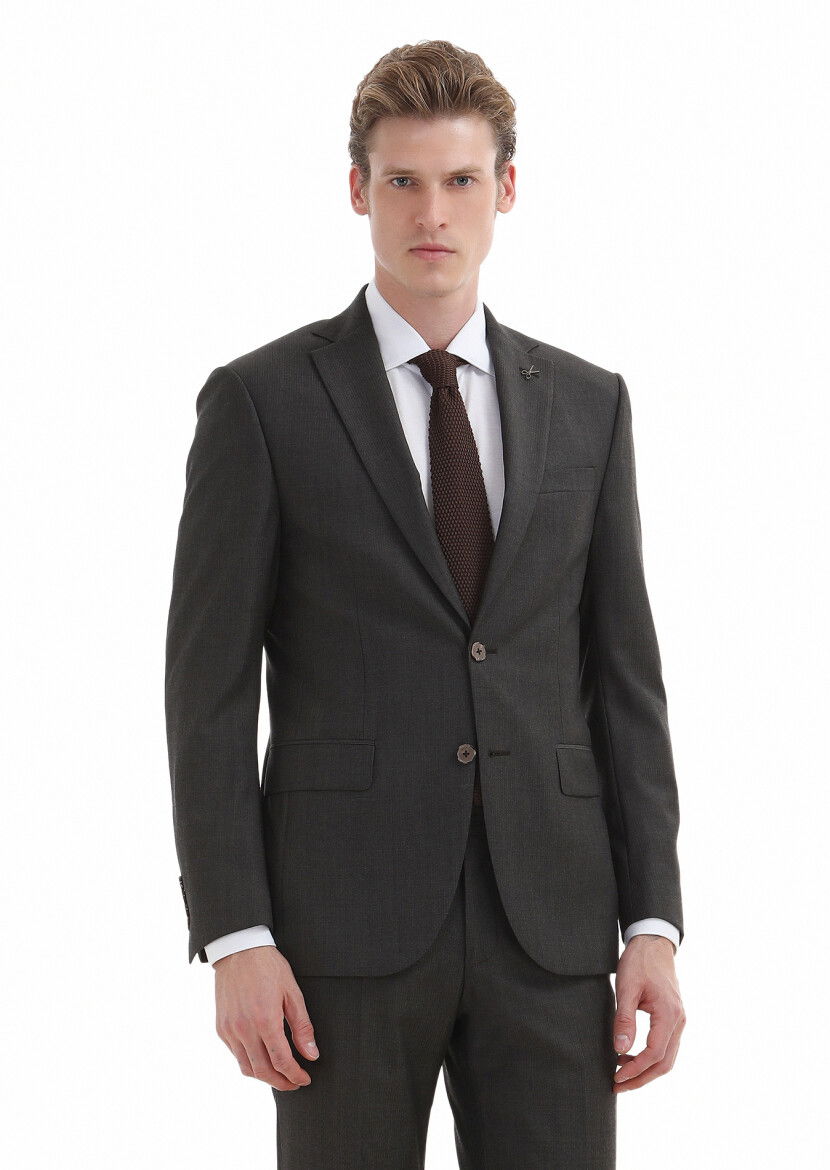 Kahverengi Çizgili Modern Fit %100 Yün Takım Elbise - 2