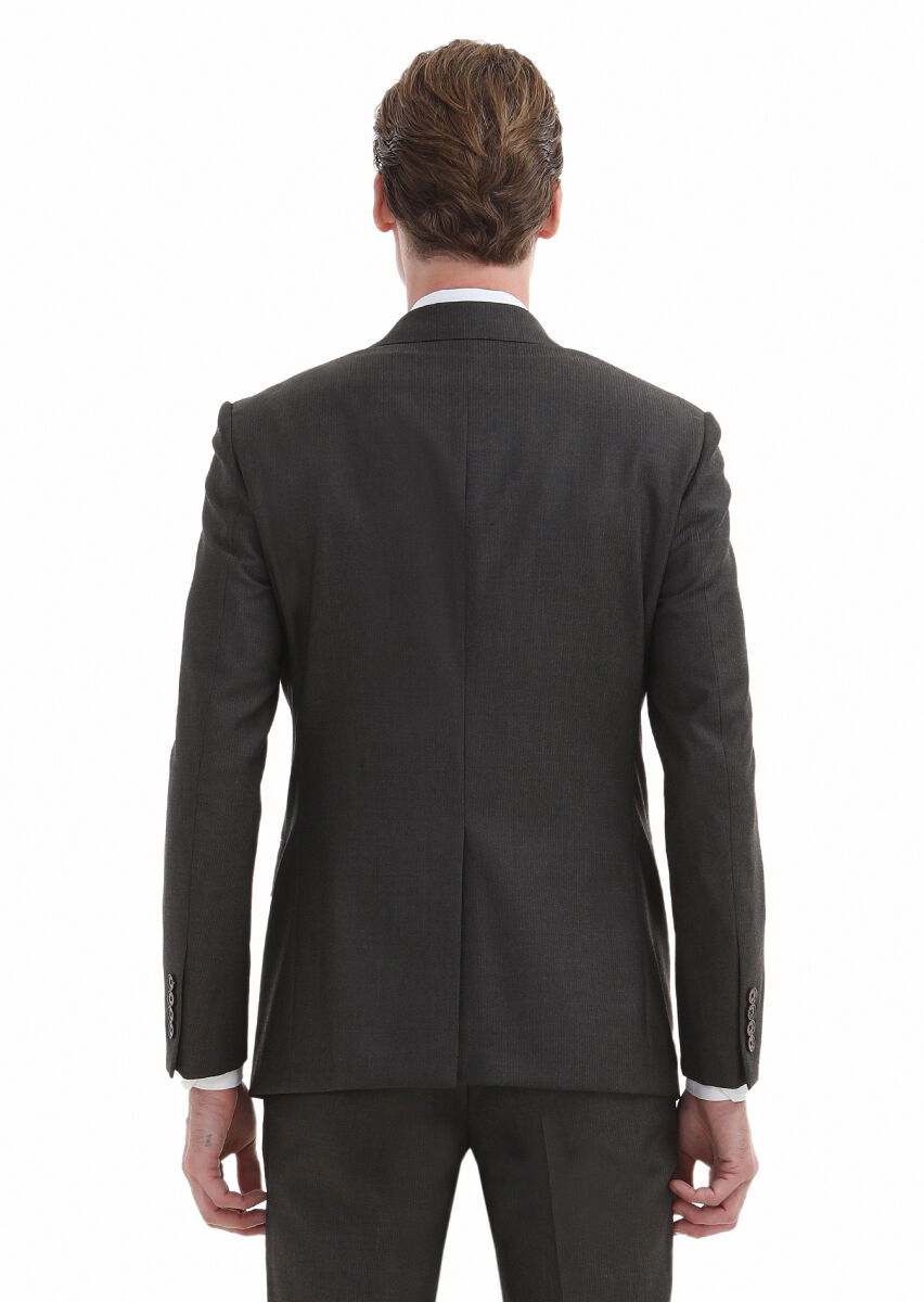 Kahverengi Çizgili Modern Fit %100 Yün Takım Elbise - 5