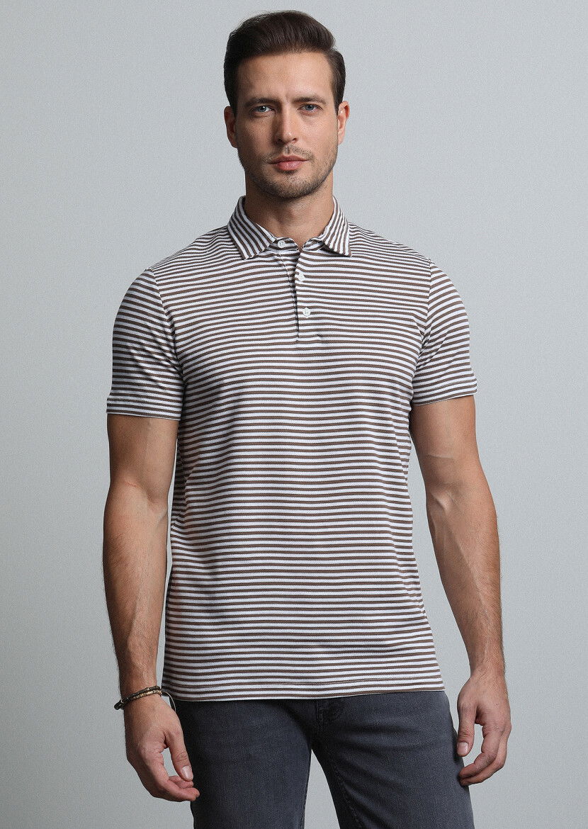 Kahverengi Çizgili Polo Yaka %100 Pamuk T-Shirt - 1