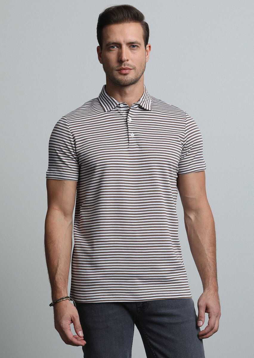 Kahverengi Çizgili Polo Yaka %100 Pamuk T-Shirt - 1