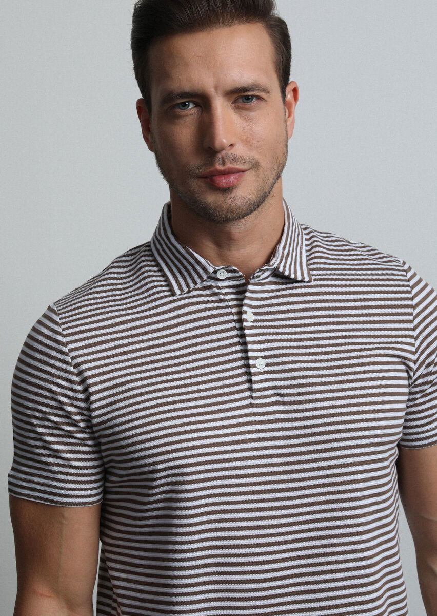 Kahverengi Çizgili Polo Yaka %100 Pamuk T-Shirt - 2
