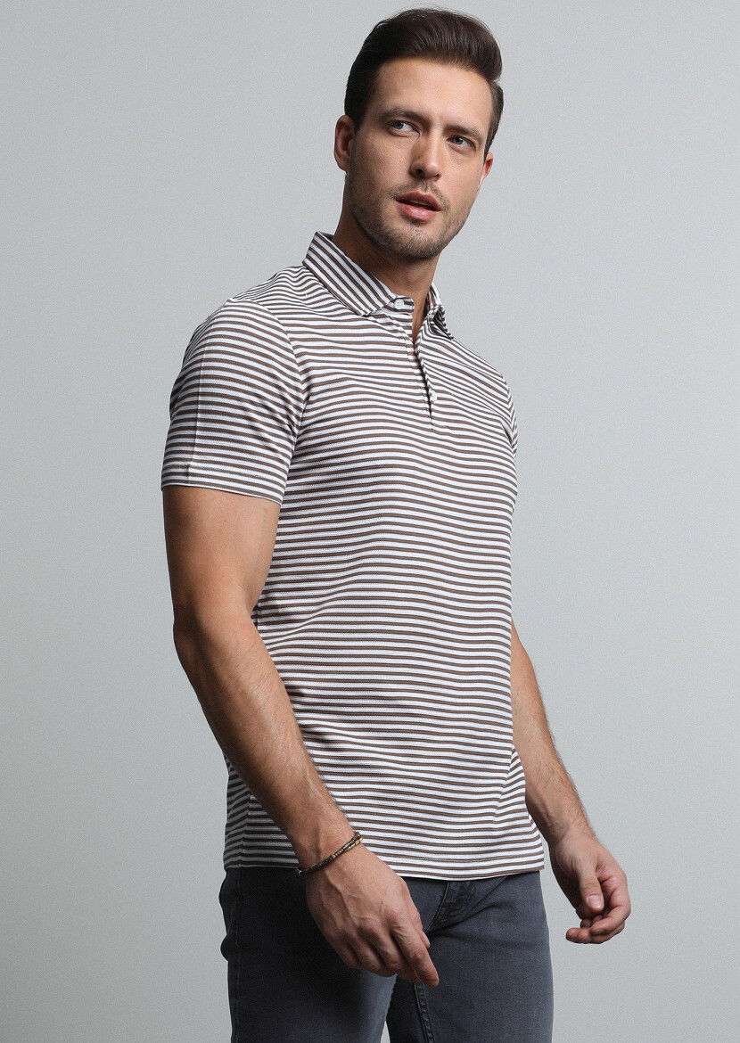 Kahverengi Çizgili Polo Yaka %100 Pamuk T-Shirt - 3