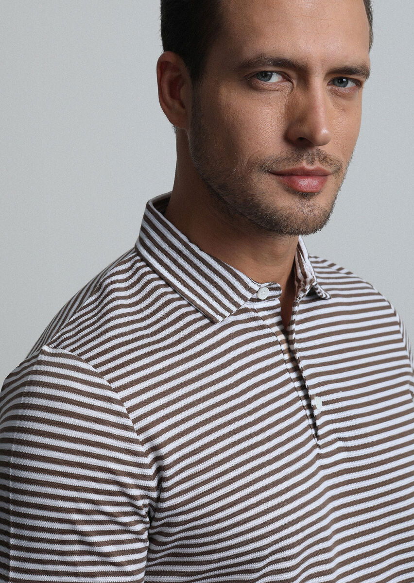 Kahverengi Çizgili Polo Yaka %100 Pamuk T-Shirt - 4