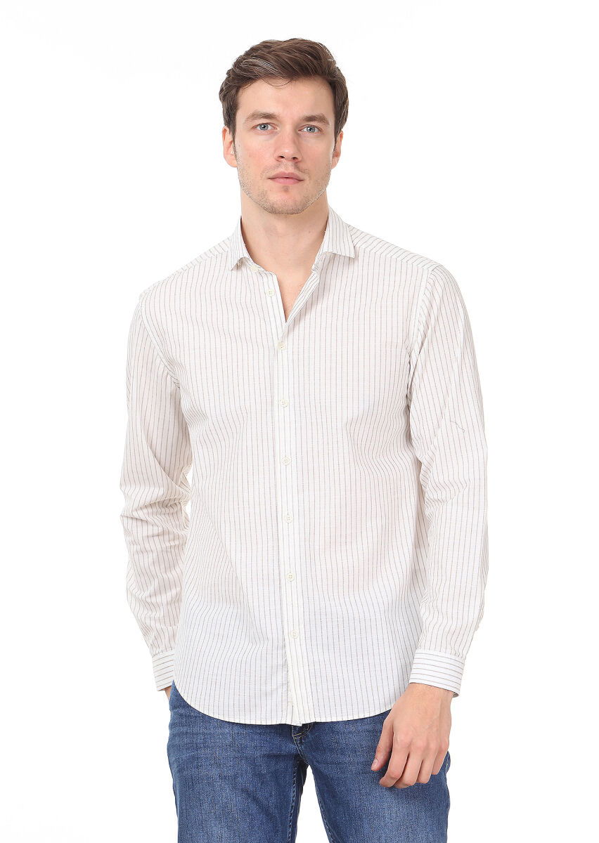 Kahverengi Çizgili Regular Fit Dokuma Casual %100 Pamuk Gömlek - 1