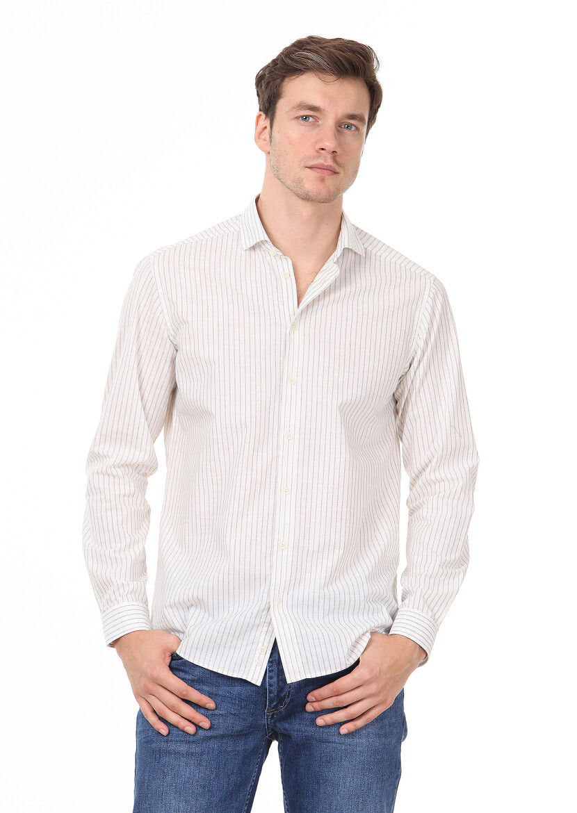 Kahverengi Çizgili Regular Fit Dokuma Casual %100 Pamuk Gömlek - 2