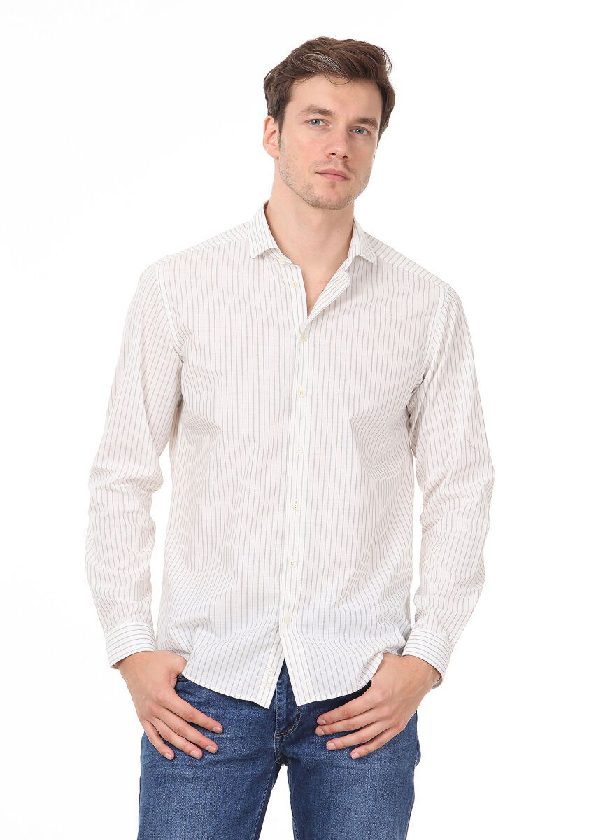 Kahverengi Çizgili Regular Fit Dokuma Casual %100 Pamuk Gömlek - 2