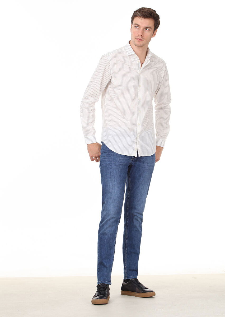 Kahverengi Çizgili Regular Fit Dokuma Casual %100 Pamuk Gömlek - 4