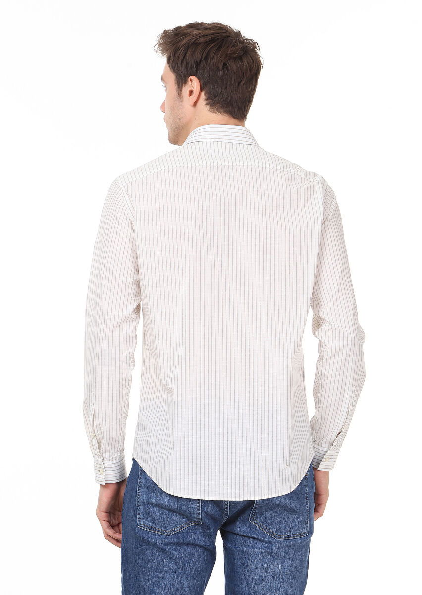 Kahverengi Çizgili Regular Fit Dokuma Casual %100 Pamuk Gömlek - 5